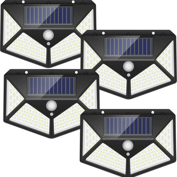 Robeve Geniş Açılı Solar LED 100 LED 3 Modlu Harekete Duyarlı Güneş Enerjili Solar LED Suya Dayanıklı Solar Bahçe LED Aydınlatma LED Işık Hareket Sensörlü LED Işık Yüksek Işık Aydınlatma 4 Adet