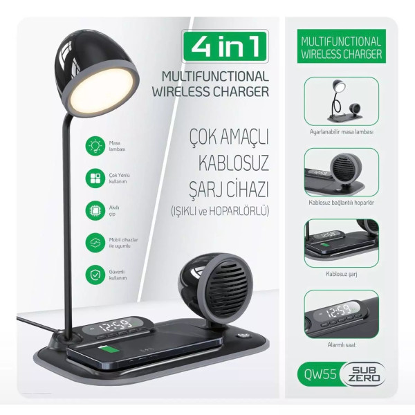 Subzero QW55 4in1 Wireless Kablosuz Şarj Standı/Masa Lambası/Saat/Kablosuz Hoparlör