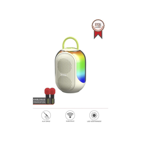 D52 Beyaz Çift Mikrofonlu Kablosuz Parti Hoparlörü