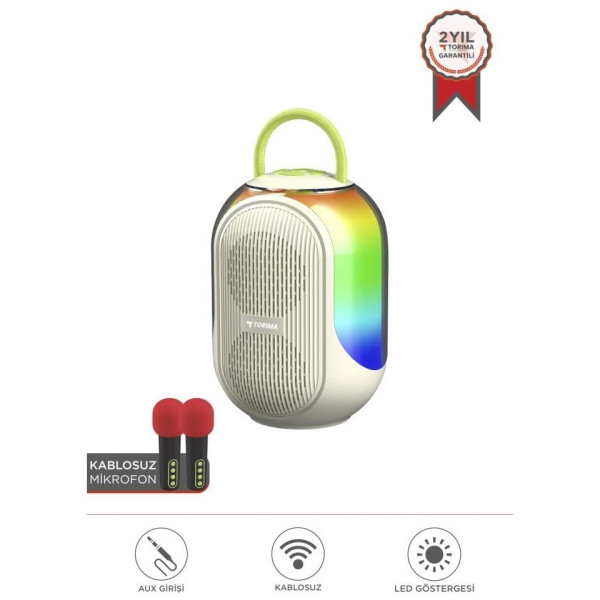 D52 Beyaz Çift Mikrofonlu Kablosuz Parti Hoparlörü