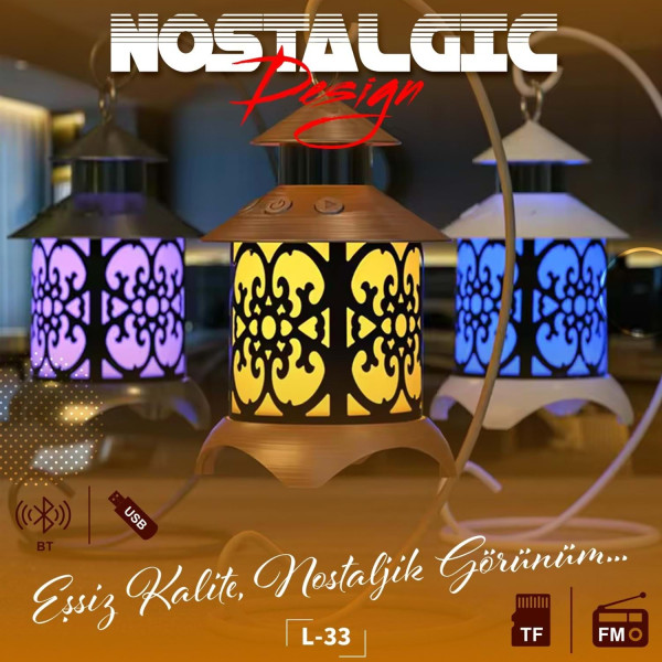 L-33 BLUETOOTH FM RADYO 1200MAH KAMP LAMBASI GÖRÜNÜMLÜ IŞIK MÜZİK KUTUSU